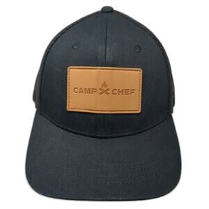Camp Chef Trucker Hat Black One Size Mesh Back Embossed Leather Patch Snapback